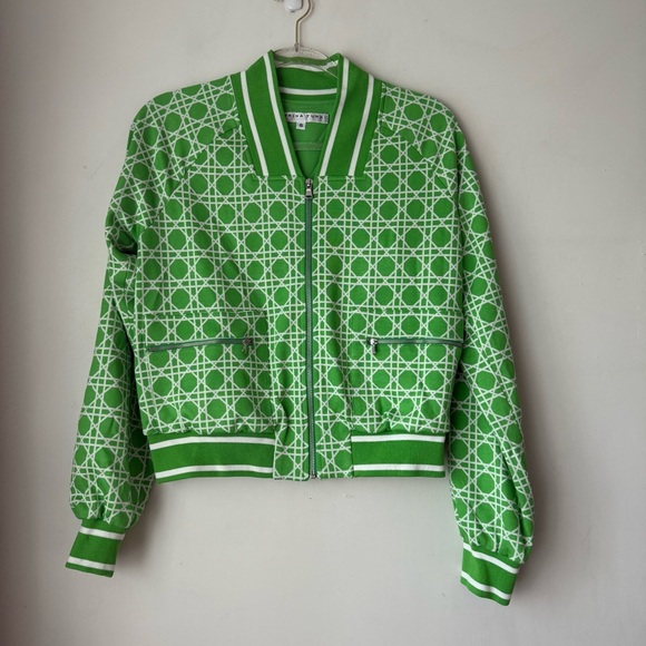 Trina Turk Kyle Green White Patterned Zip-Up Bomber Jacket - Billie Jean S - Picture 4 of 7